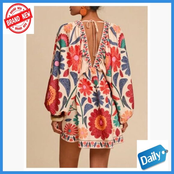 Boho Floral V-Neck Mini Dress Long Sleeve Tie Back Casual Summer - Picture 2 of 5
